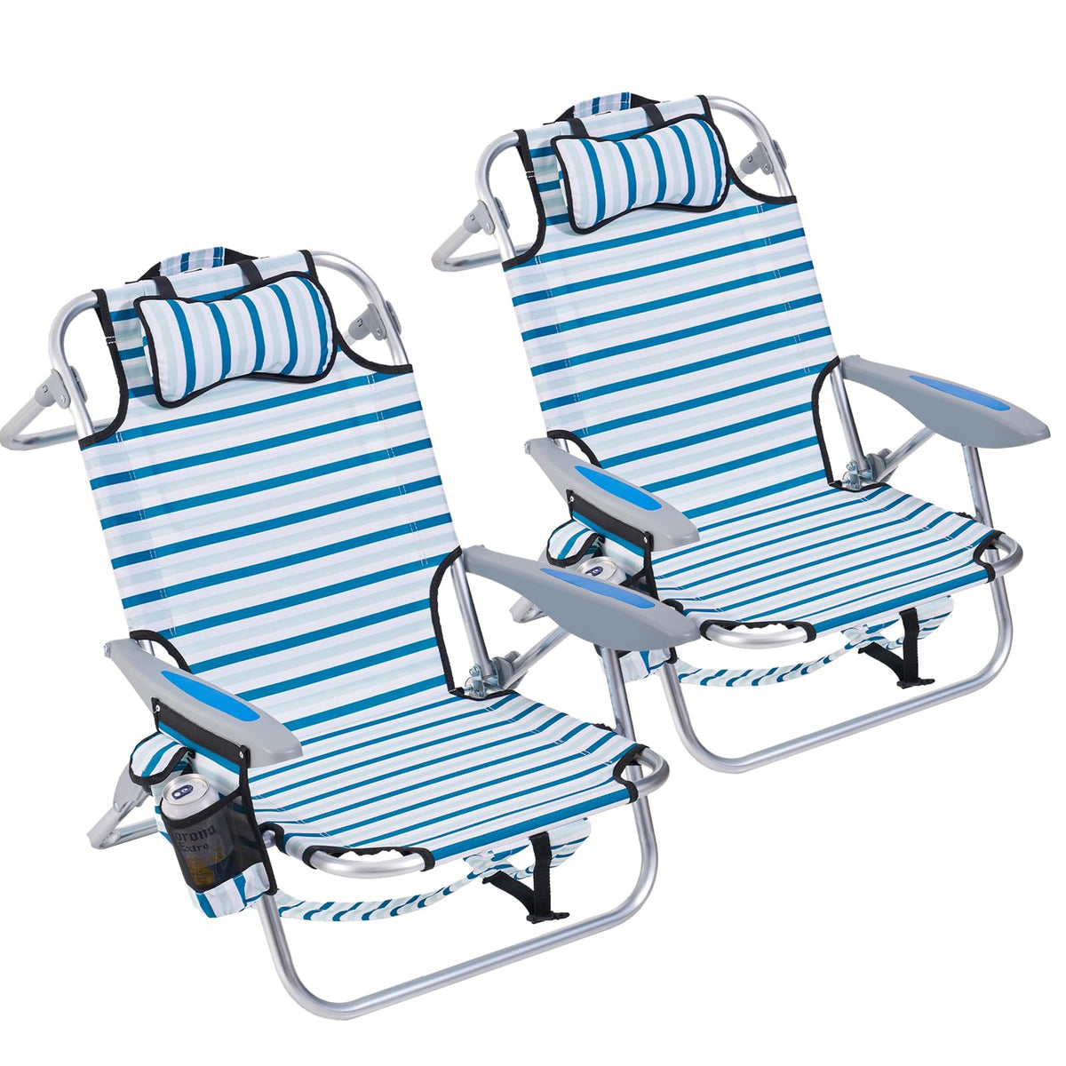 2 Pack Lightweight Portable Camping Beach Chair for Adults, Outdoor Lay Flat Folding Beach Chairs with 5 Positions, Backpack Beach Chair with Towel Bar, Zipper Pouch, Cup Holder, NEW Striped