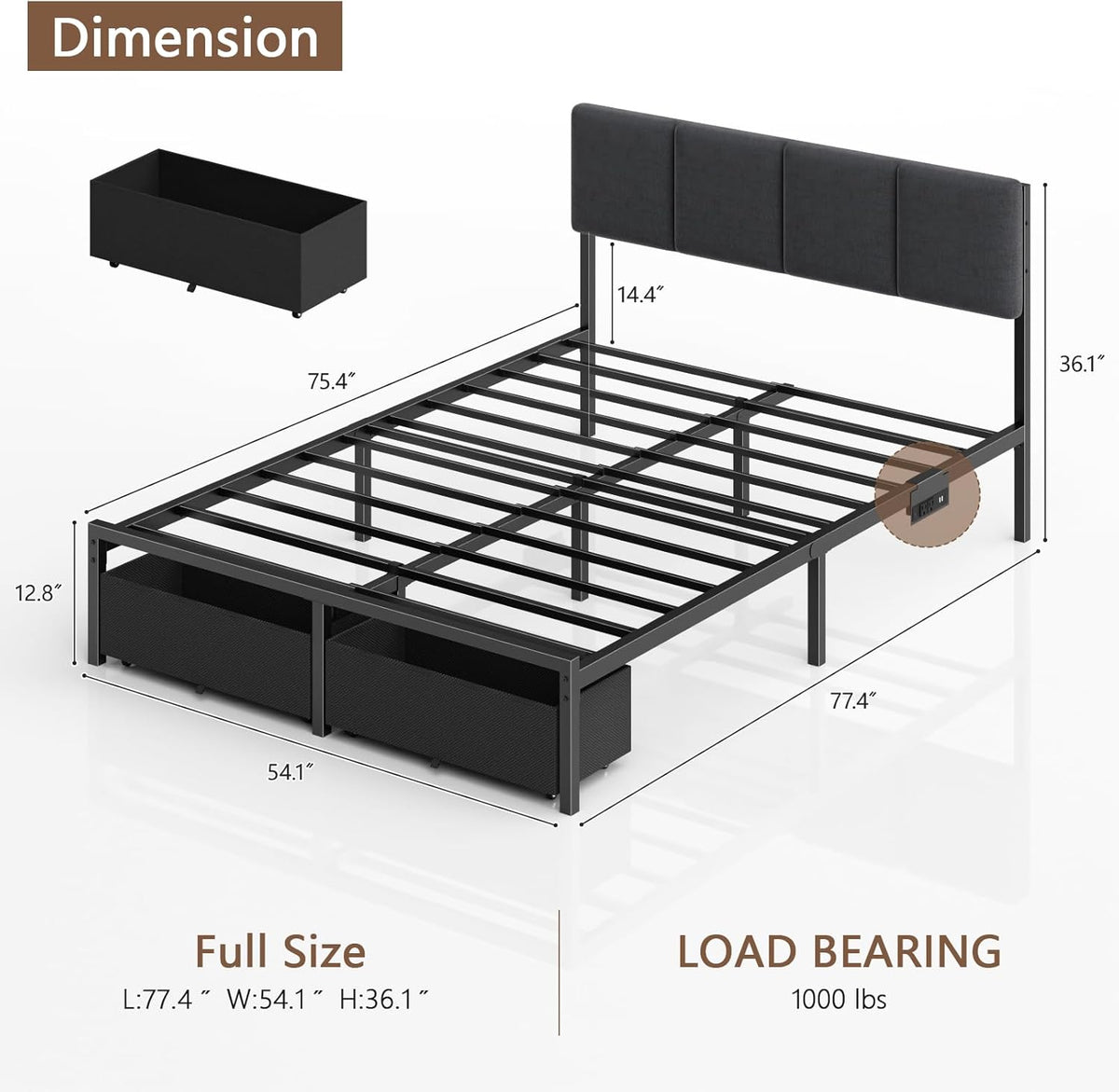 Furnulem Full Size Bed Frame with Upholstered Headboard & 2 Storage Drawers