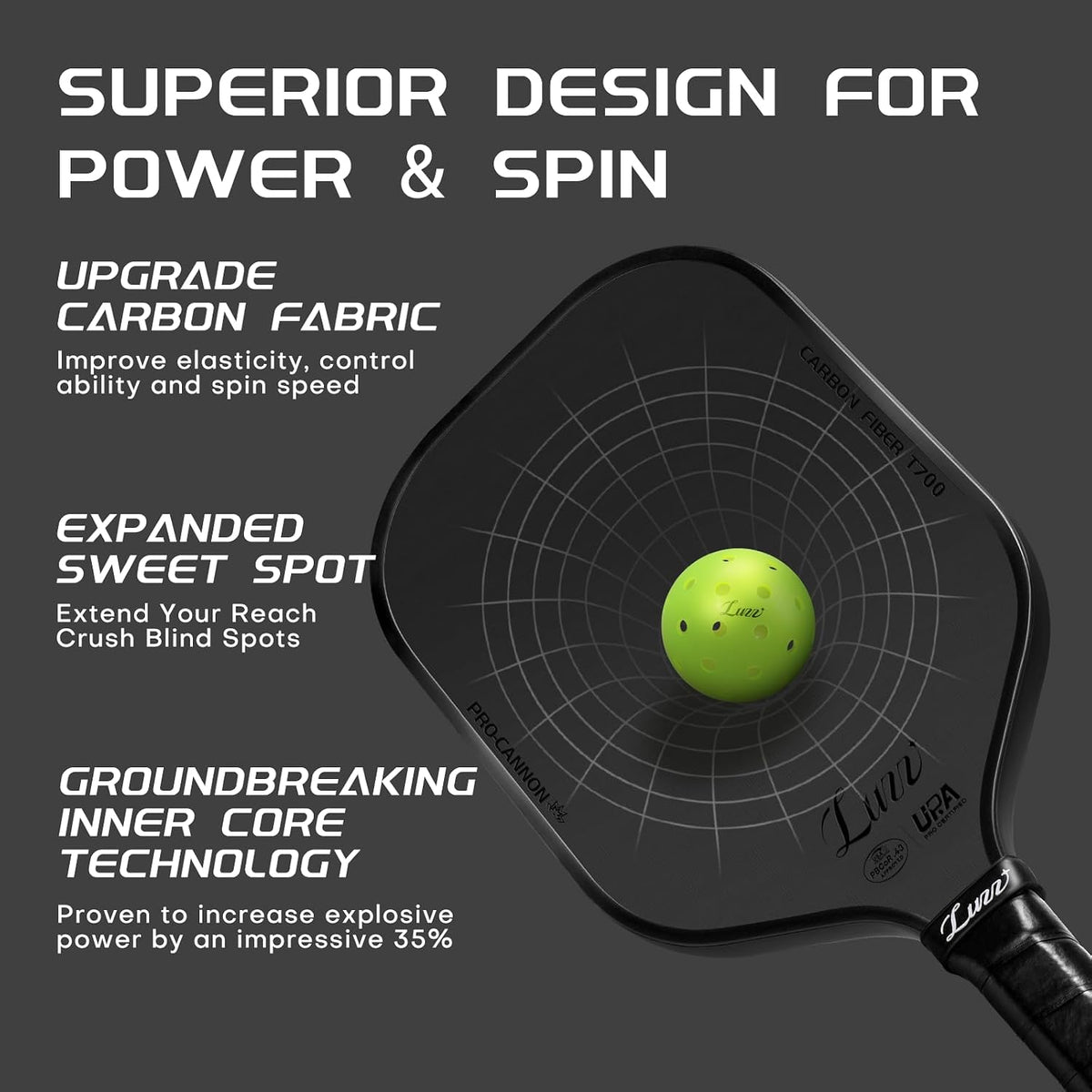 Luzz Pickleball Paddle Cannon Thermoformed T700 Carbon Fiber Honeycomb Core