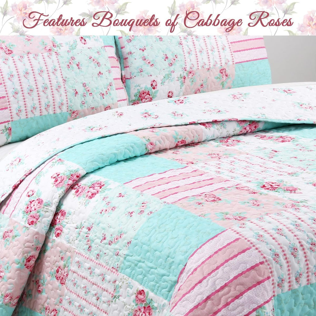Cozy Line Home Fashions Bloom Floral Blue Rose Spring Reversible Quilt Bedding Set, Coverlet Bedspread Lightweight for All Seasons (Pink Garden, Queen - 6 Piece)