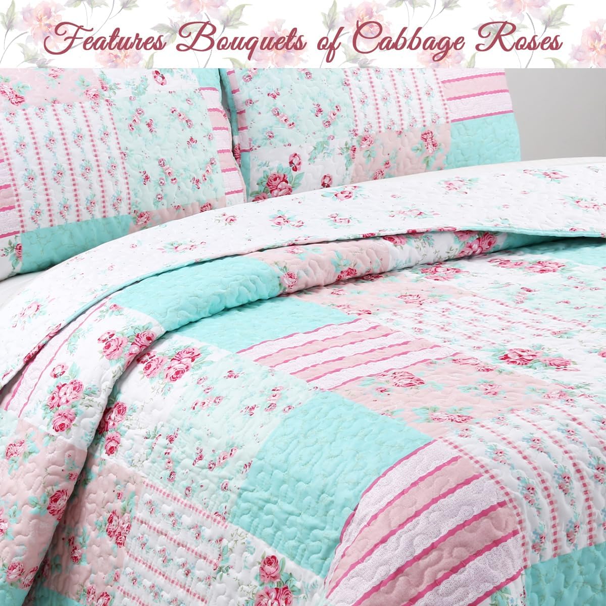 Cozy Line Home Fashions Bloom Floral Blue Rose Spring Reversible Quilt Bedding Set, Coverlet Bedspread Lightweight for All Seasons (Pink Garden, Queen - 6 Piece)