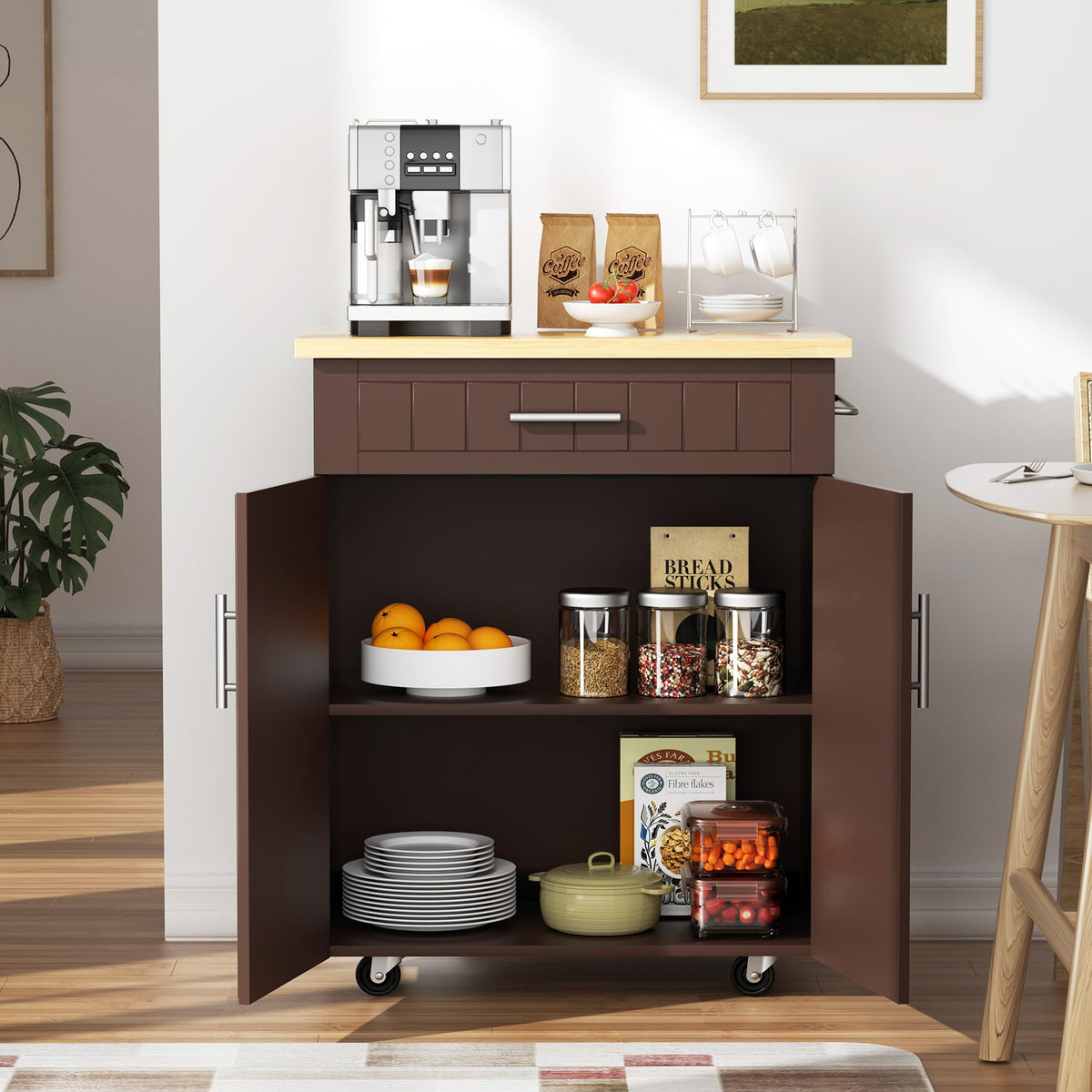 JY QAQA 26" Rolling Kitchen Island Cart on Wheels, Mobile Storage Cabinet with Adjustable Inner Shelves, Kitchen Prep Cart with Towel Rack & Lockable Casters for Small Apartment Kitchen, White