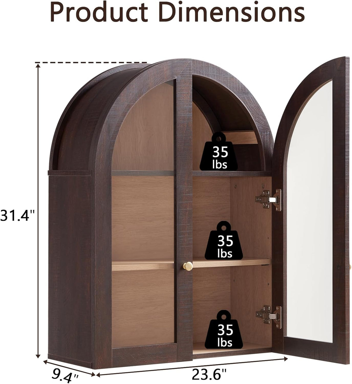 Bathroom Arched Wall Cabinet Over The Toilet Storage Cabinet, 23.5×31.4 Inch bathroom cabinet wall mount with Glass Doors & Adjustable Shelves, Wood Cabinet for Laundry Room, Kitchen, Brown/Natural