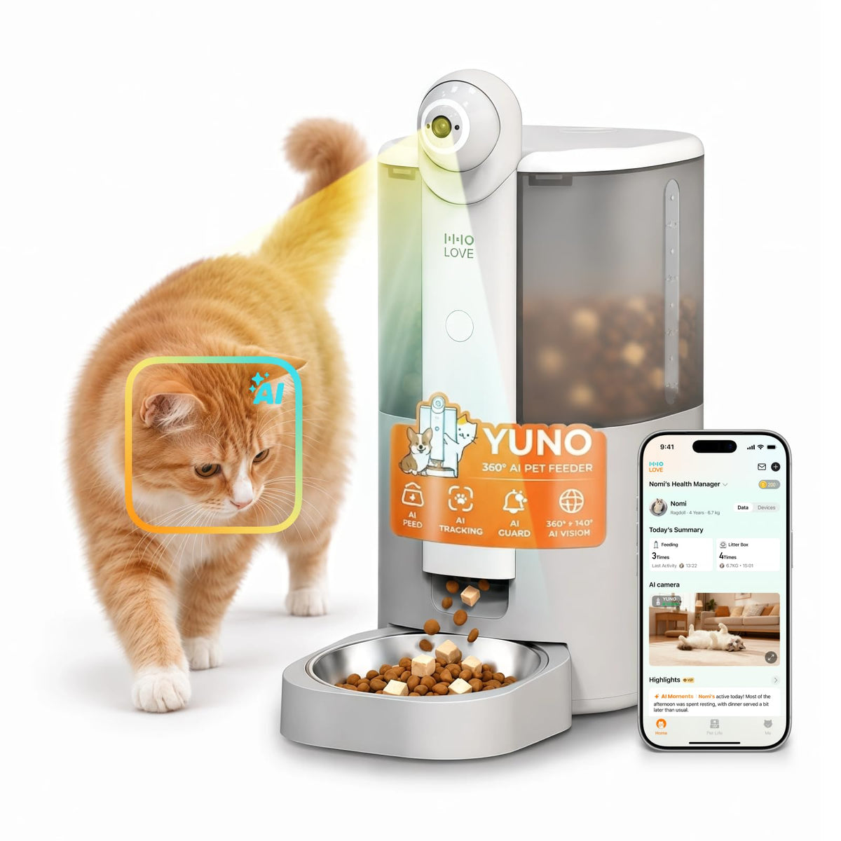 HHOLOVE Automatic Cat Feeder with Camera AI-Powered, 2k HD Video Night Vision, 5G/2.4G Wi-Fi Programmable, 2-Way Audio, Low Food Alert, Blockage Sensor, 1-Year Subscription Version