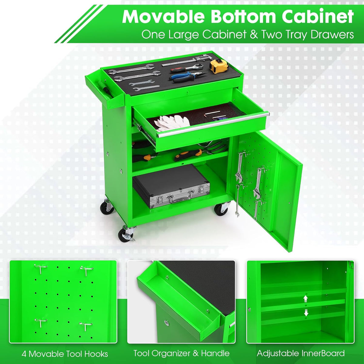 5-Drawer Rolling Tool Chest with Detachable Tool Box, Lockable Wheels, 4 Hooks, and Liner, Heavy-Duty Metal Tool Cart for Garage and Workshop Storage, Green
