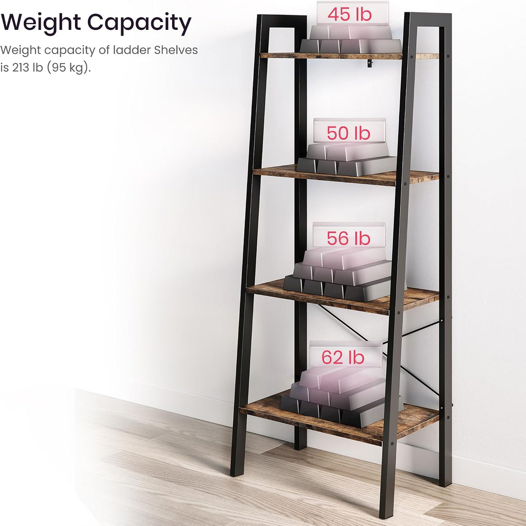 Ladder Shelf Bookcase, 4-Tier Bookshelf, Leaning Plant Stand, Storage Rack, Display Shelves with Steel Frame, Industrial Style for Living Room, Home Office, Kitchen, Bedroom - Rustic Brown and Black