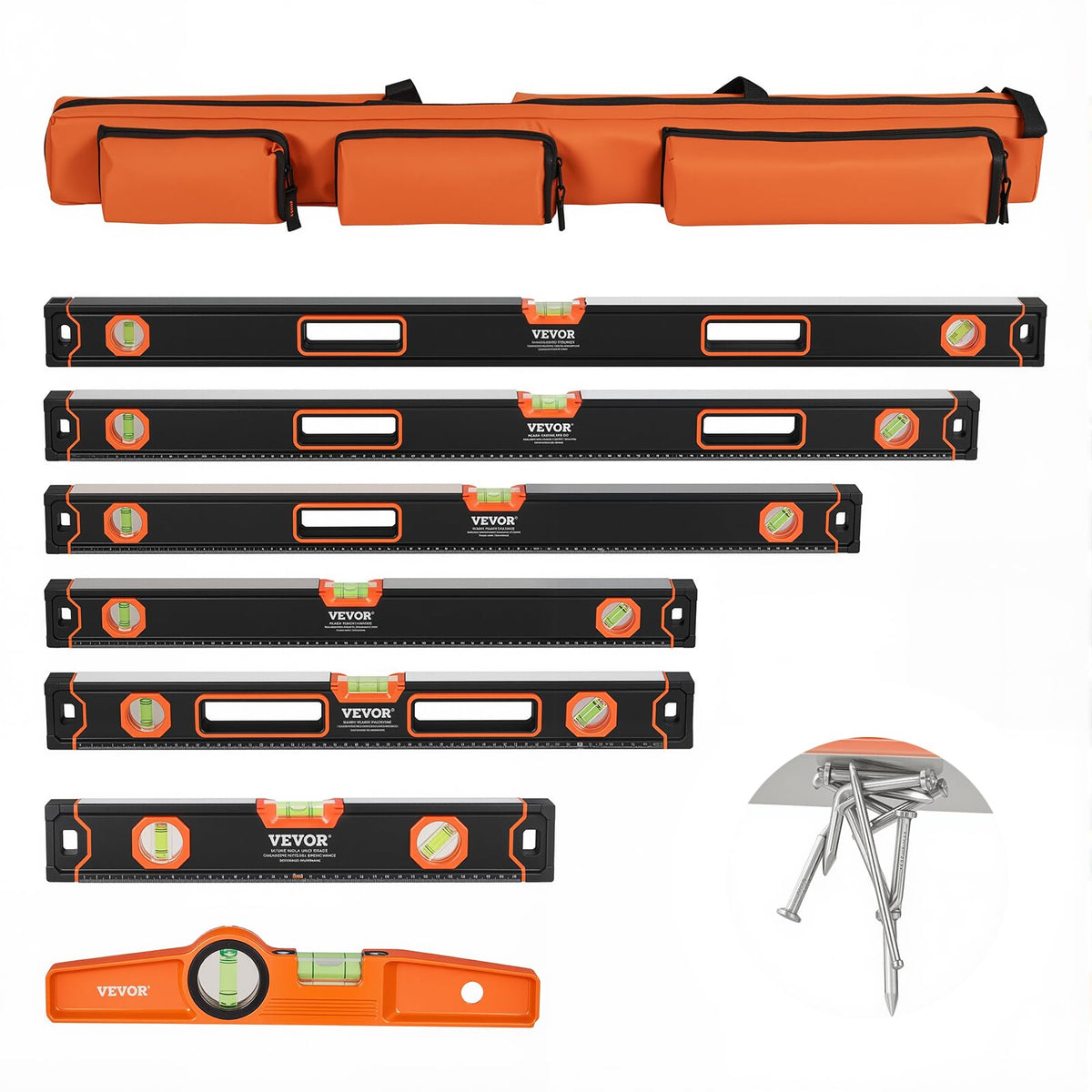 VEVOR 6-Piece Torpedo Level, 78/48/32/24/16/10 Inch All Magnetic Levels Set, Bubble Vials Ruler for 45/90/180 Degree, Aluminum Alloy Magnetic Box Leveler Tool, Shock-Resistance, SAE and Metric Scale