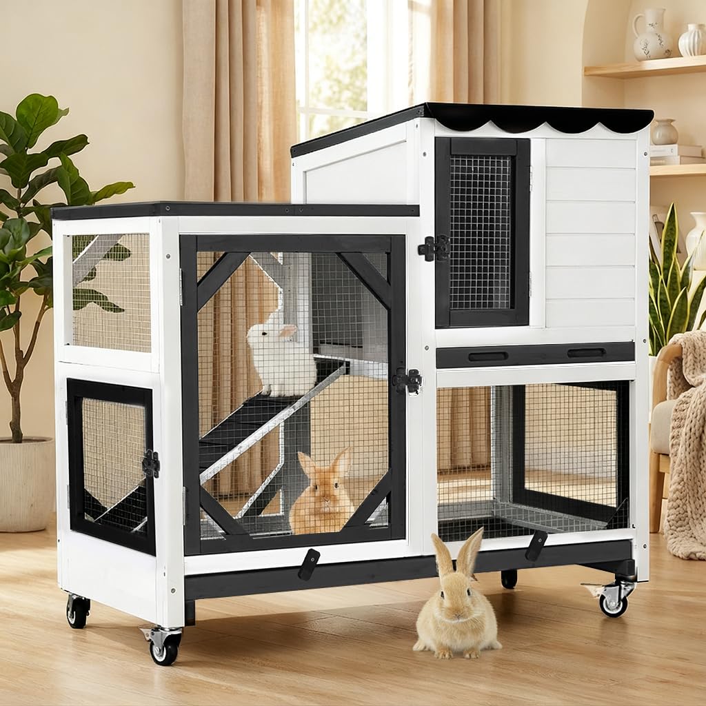 Aivituvin Rabbit Hutch Indoor Bunny Cage Outdoor 2 Story Pet House Guinea Pig Cage on Wheels 36" L