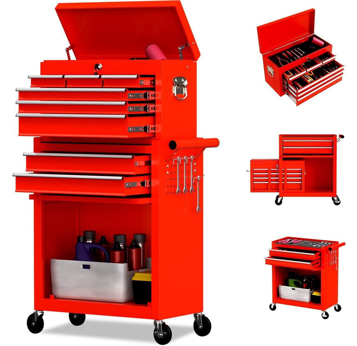 8 Drawer Rolling Tool Chest, High Capacity Tool Box with Lockable Wheels and Drawers, 2 in 1 Portable Toolbox Organizer Storage Cabinet For Garage, Warehouse, Repair Shop