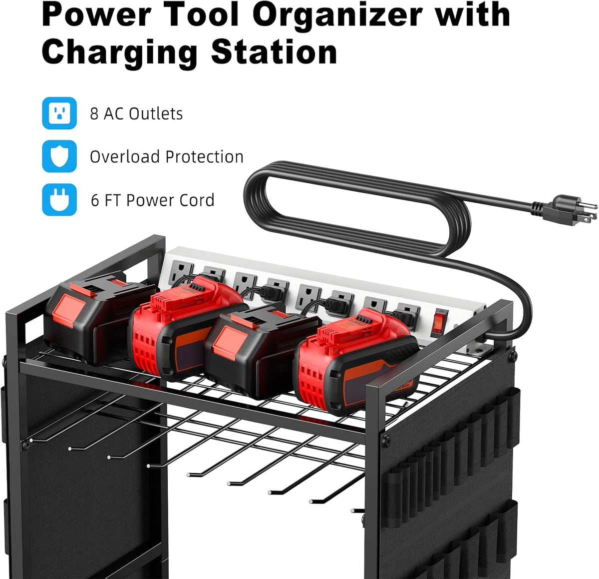 JUNNUJ Power Tool Organizer Cart with Charging Station, 6 FT Cord, Black