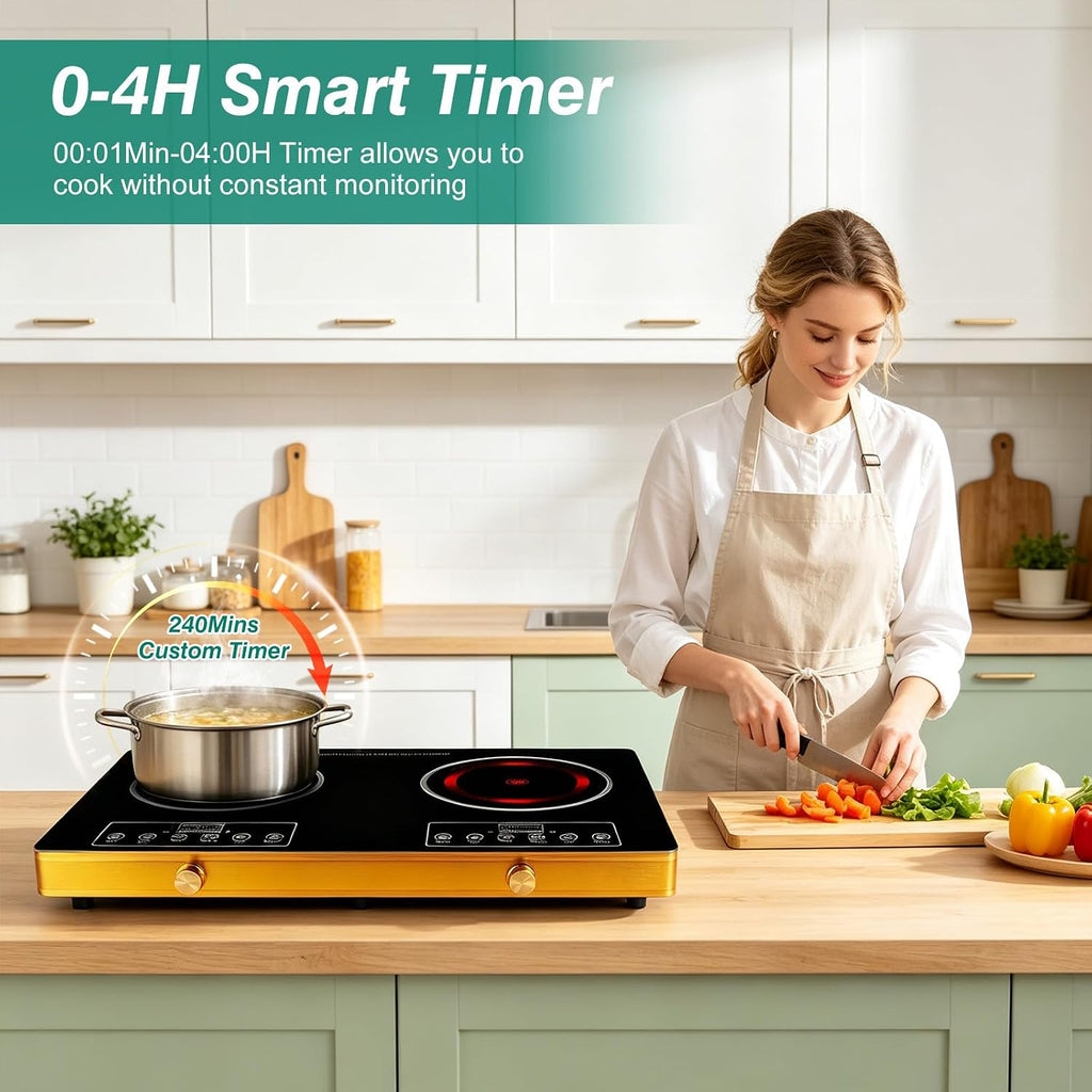 Electric Countertop Double Burner, 7000W Ceramic Cooktop with Crystal Glass Hot Plate & Stay Cool Handles, 12 Level Temperature Control, LED Display, Touch Control, Cooking Stove for Home Camping RV