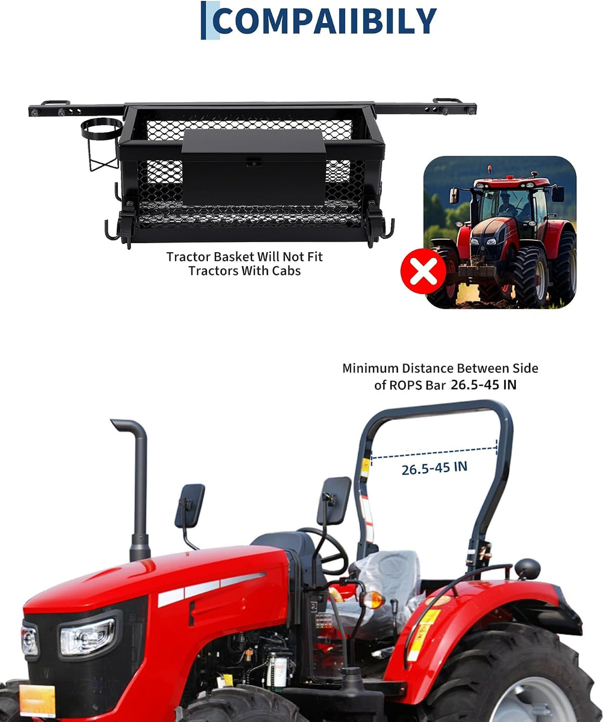 Garvee Heavy Duty Tractor Tool Box, Tractor Basket Accessories with Storage Bag, Hook, and Ratchet Strap, 24x10x10in Tractor Basket Attachment, Fit for Most Tractors and Zero Turn Mower