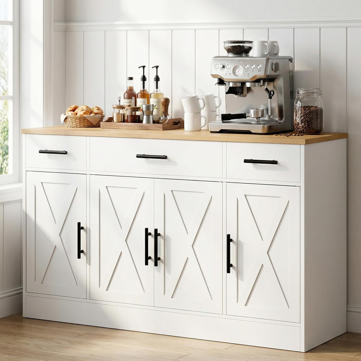 SUNLEI Coffee Bar Cabinet with Storage, Farmhouse Buffet Cabinet with 4 Doors & Adjustable Shelves, Kitchen Sideboard Cabinet for Coffee Station, Dining Room, Living Room & Home, White