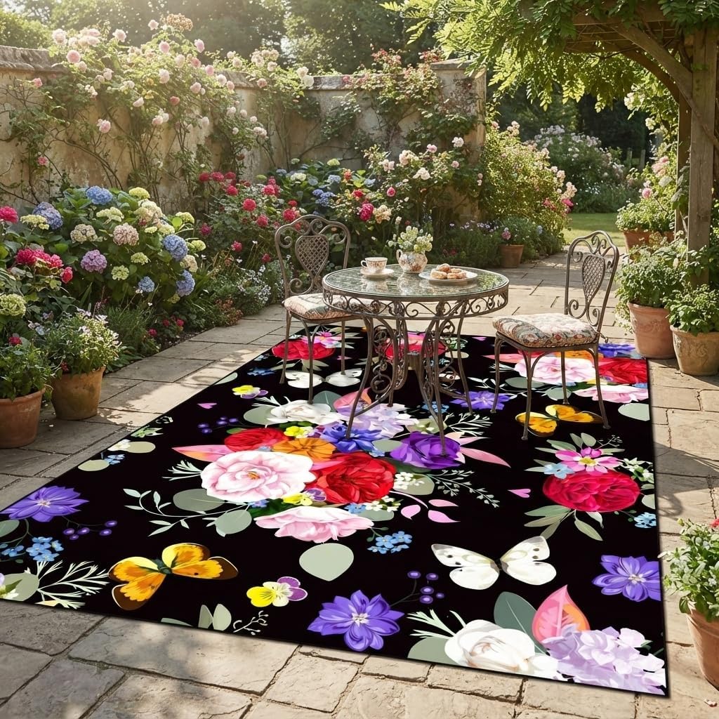 Beautiful Elegant Multicolor Outdoor Rug 7x10 Natural Floral Butterfly Texture Waterproof Thin No Shedding Easy Care Outside Rugs for Patios Deck Pool Garden Balcony Backyard Beach Floor Mat