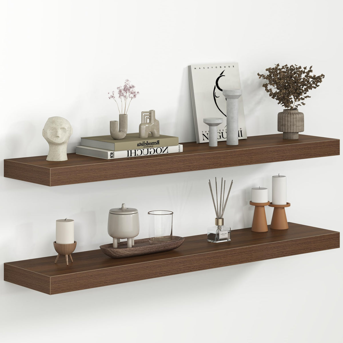 Fun Memories Floating Shelves - 2 Pack 12 Inch Rustic Wooden Wall Shelves - Extra Deeper & Thicker Wall Mounted Storage Shelf for Living Room, Kitchen, Farmhouse - 36" W x 12" D x 1.8" H - Brown