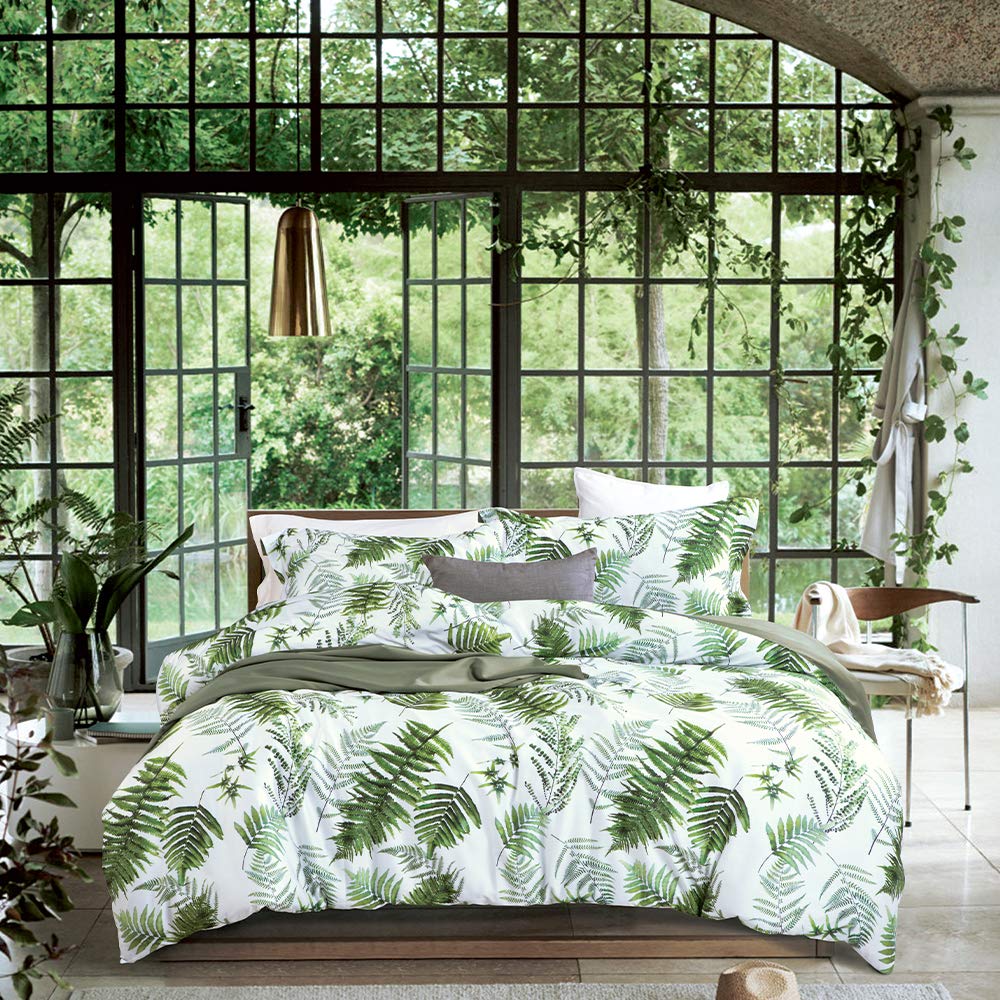MILDLY White Floral Green Leaves Luxury Duvet Cover Set 3pcs King