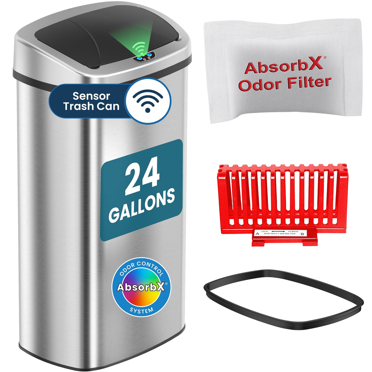 iTouchless Patented 13 G Stainless Steel Sensor Trash Can | AbsorbX Filter