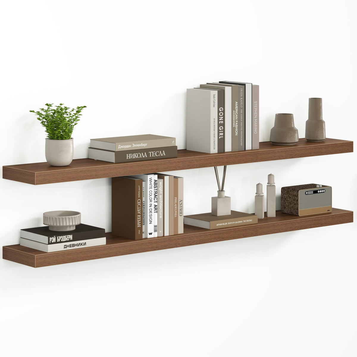 Fun Memories Floating Shelves - 2 Pack 12 Inch Rustic Wooden Wall Shelves - Extra Deeper & Thicker Wall Mounted Storage Shelf for Living Room, Kitchen, Farmhouse - 36" W x 12" D x 1.8" H - Brown