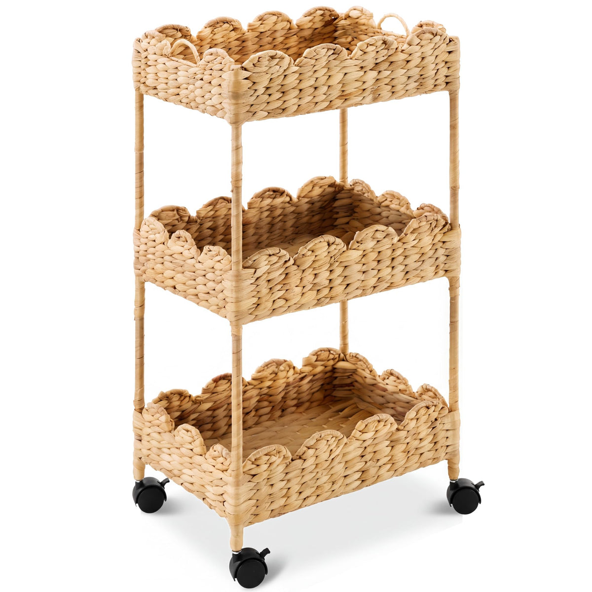 Best Choice Products 3-Tier Scalloped Nursery Caddy w/Wheels, Handwoven Utility Cart, Storage Organization for Bathroom, Craft Room, Laundry Room - Chestnut