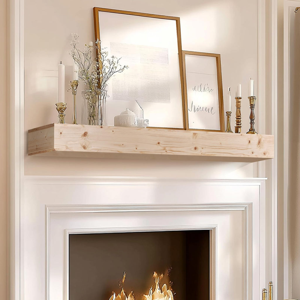 60x8x3in Rustic Fireplace Mantel Pine Wood, Weathered Brown