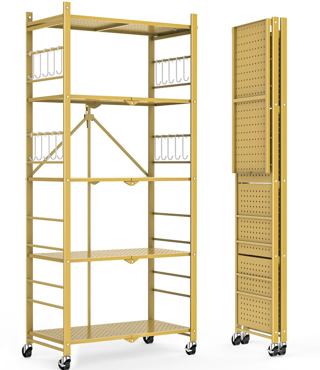 Himix 5-Tier Foldable Storage Shelves with 20 Hooks Wheels Kitchen Black