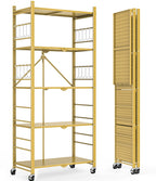 Himix 5-Tier Foldable Storage Shelves with 20 Hooks Wheels Kitchen Black