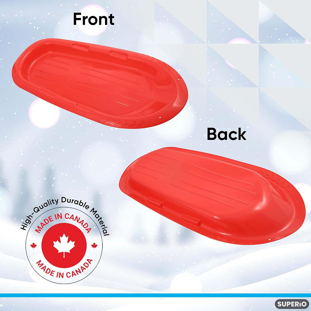 Superio Toboggan Snow Sleds for Kids and Adults, 2 Pack Heavy Duty Plastic Sliders with Handles and Hole for Pull Ropes- Kid and Adult Winter Fun