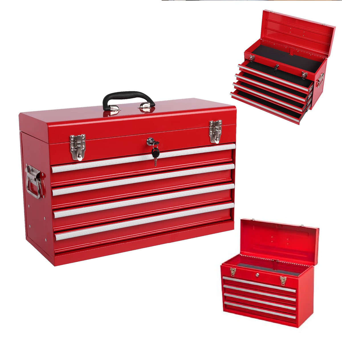 4 Drawers Metal Tool Box, 21" Portable Steel Tool Chest w/Key Lock&Latch Closure, Multi-Function Top Storage Tray Toolbox w/Powder Coating&Ball Bearing Slides (Style 1-4 Drawers - Blue)