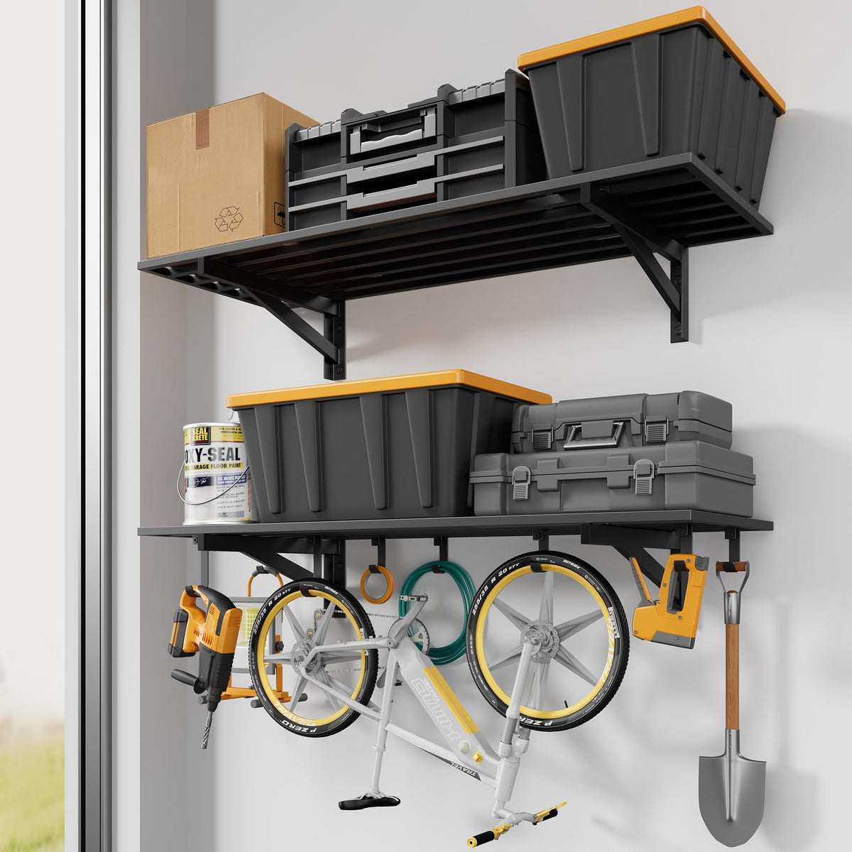 Jusgym 4 Pack Garage Shelving Wall Mounted with 16 Hooks, 1.5x4ft, 1000lbs