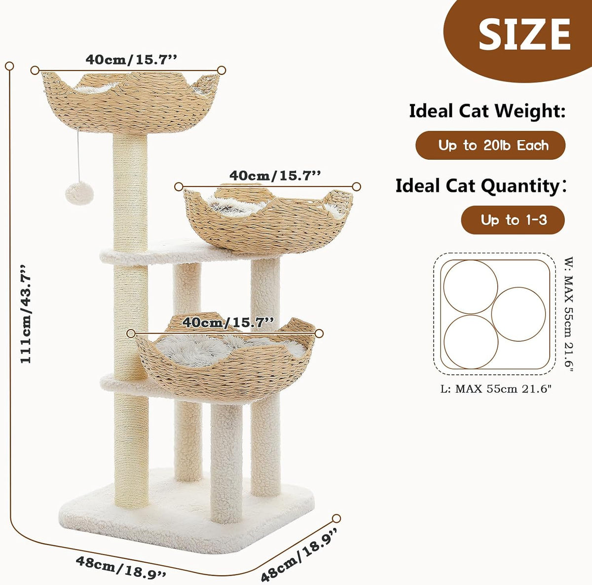 PAWZ Road Modern Cat Tree with Baskets, 44" Cat Tower for Indoor Cats,White