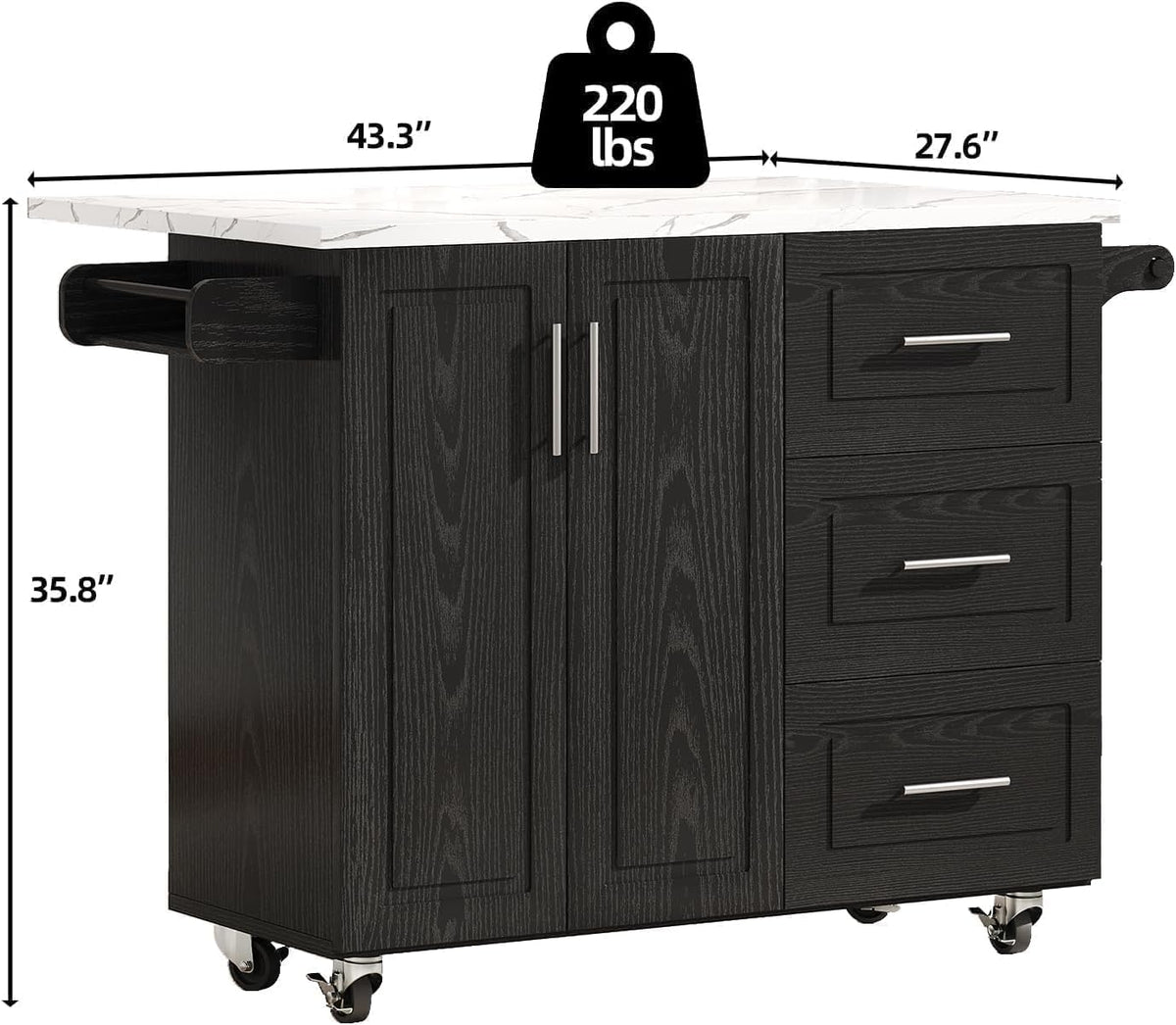 43" Kitchen Island on Wheels, Rolling Kitchen Island with Drop Leaf, Black