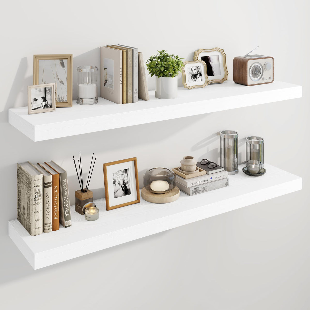 Marsmiles 55" Floating Shelves for Wall, Wooden Shelves with Invisible Brackets Set of 2, Rustic Farmhouse Wall Mounted Shelf for Kitchen Bathroom Living Room Study, White
