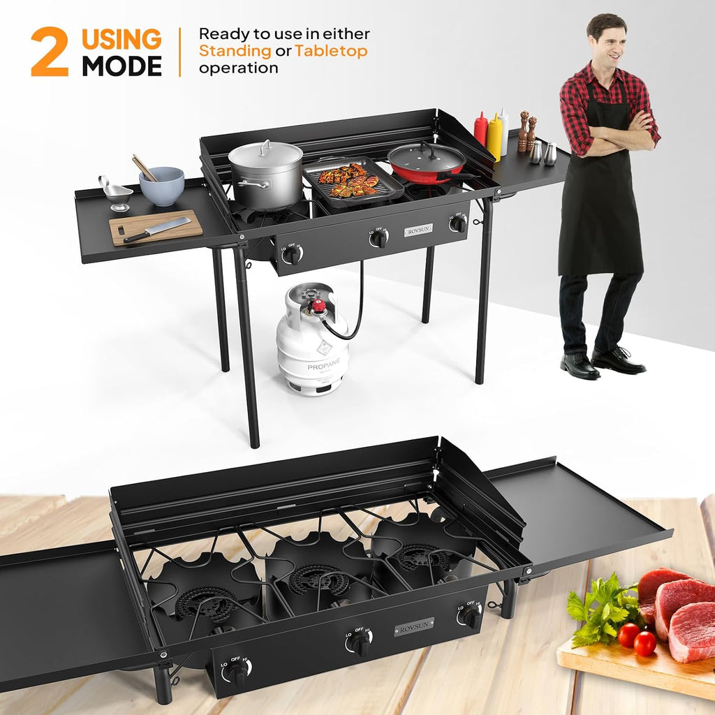 ROVSUN 3 Burner Outdoor Propane Gas Stove with Windscreen, 2 Shelves & Bag