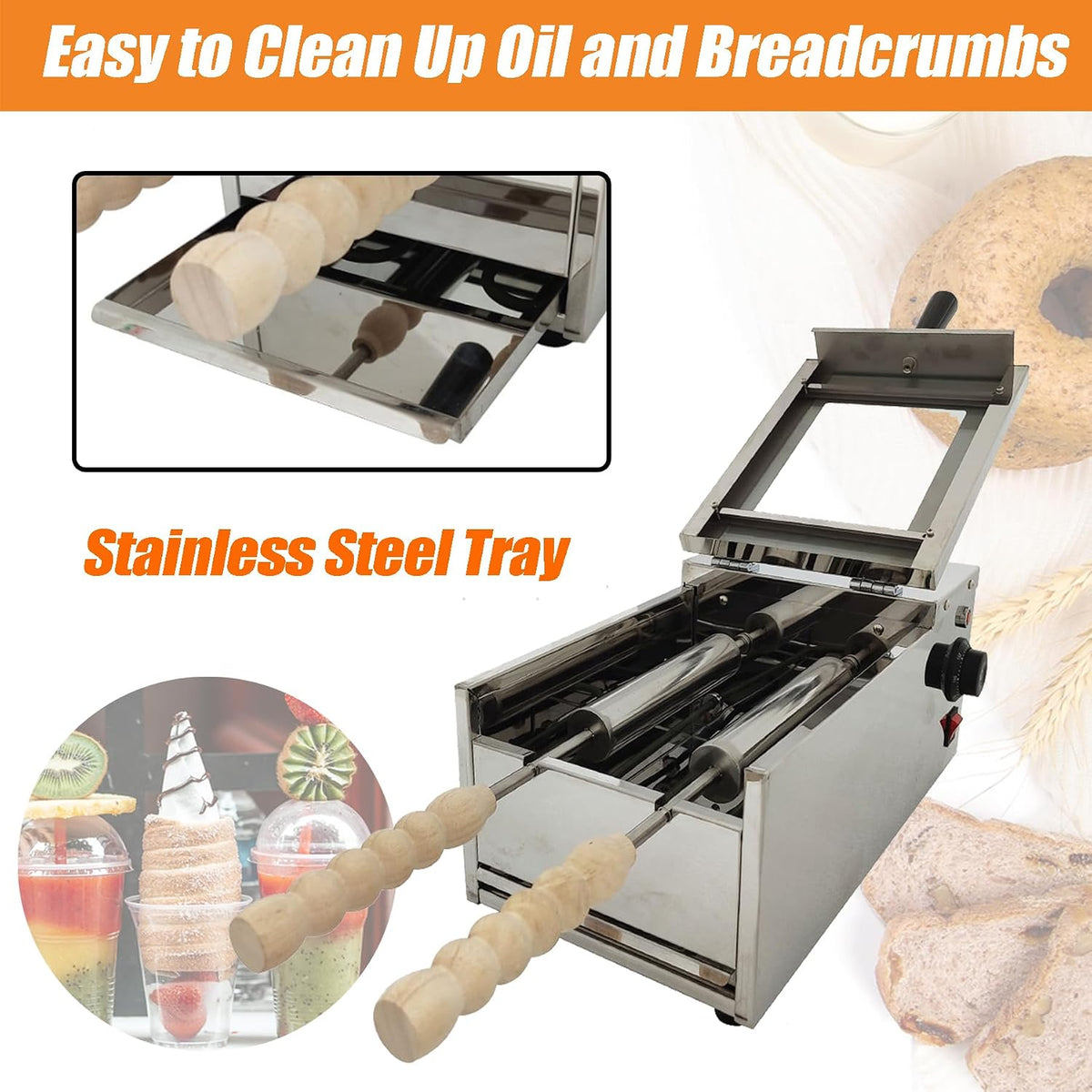 TECHTONGDA Chimney Cake Machine Oven Electric Chimney Bread Roll Maker, Commercial Ice Cream Cone Maker with 2 Stainless Steel Molds and Wooden Handles for Bakery Family Kitchen 110V