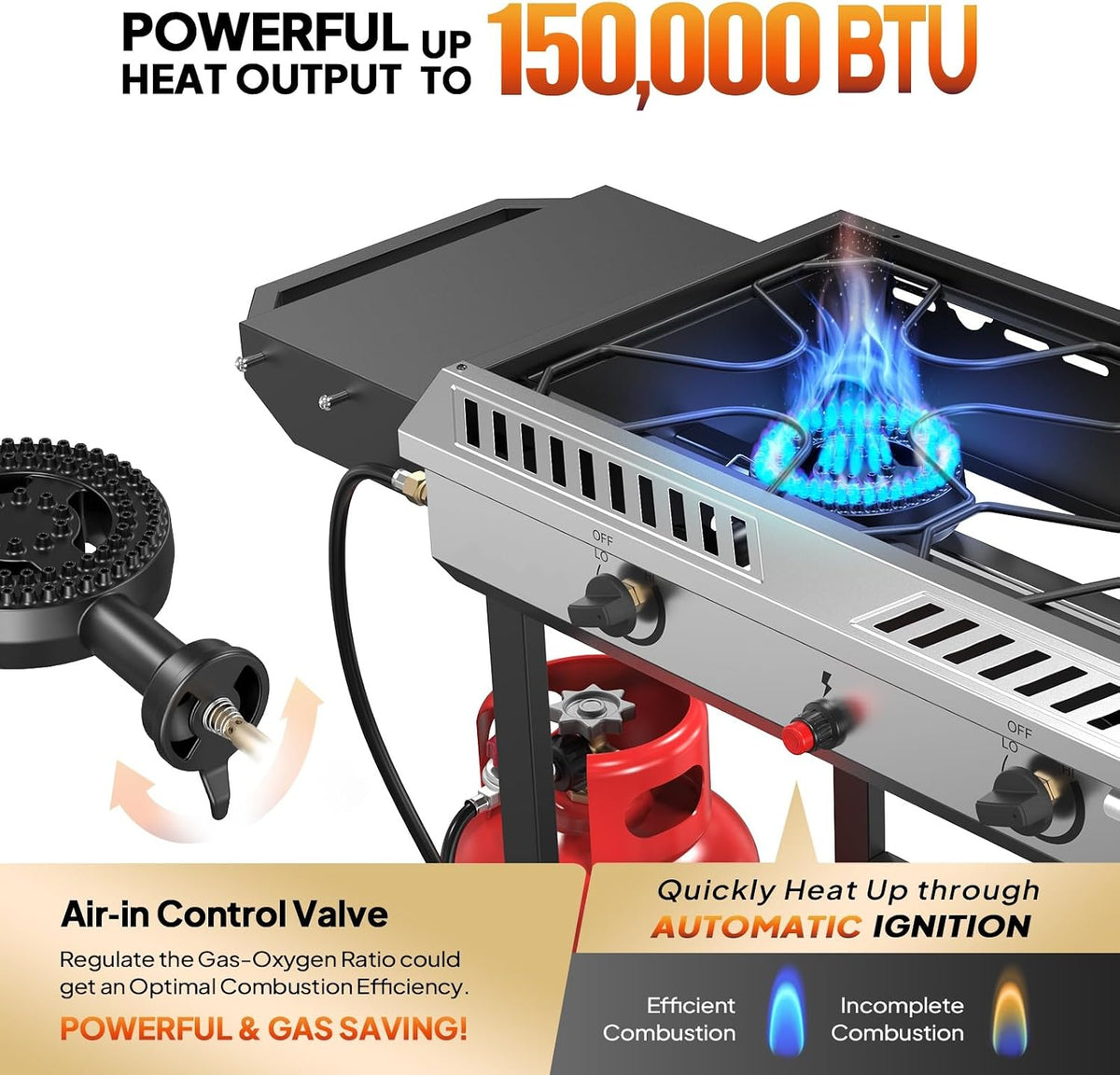 Bonnlo 2 Burner Propane Gas Burner with Auto Ignition, 150000 BTU Camping Stove with Storage Shelf and Rolling Wheels, Portable Outdoor Cooker for Patio Backyard Cooking Frying Boiling and Stewing