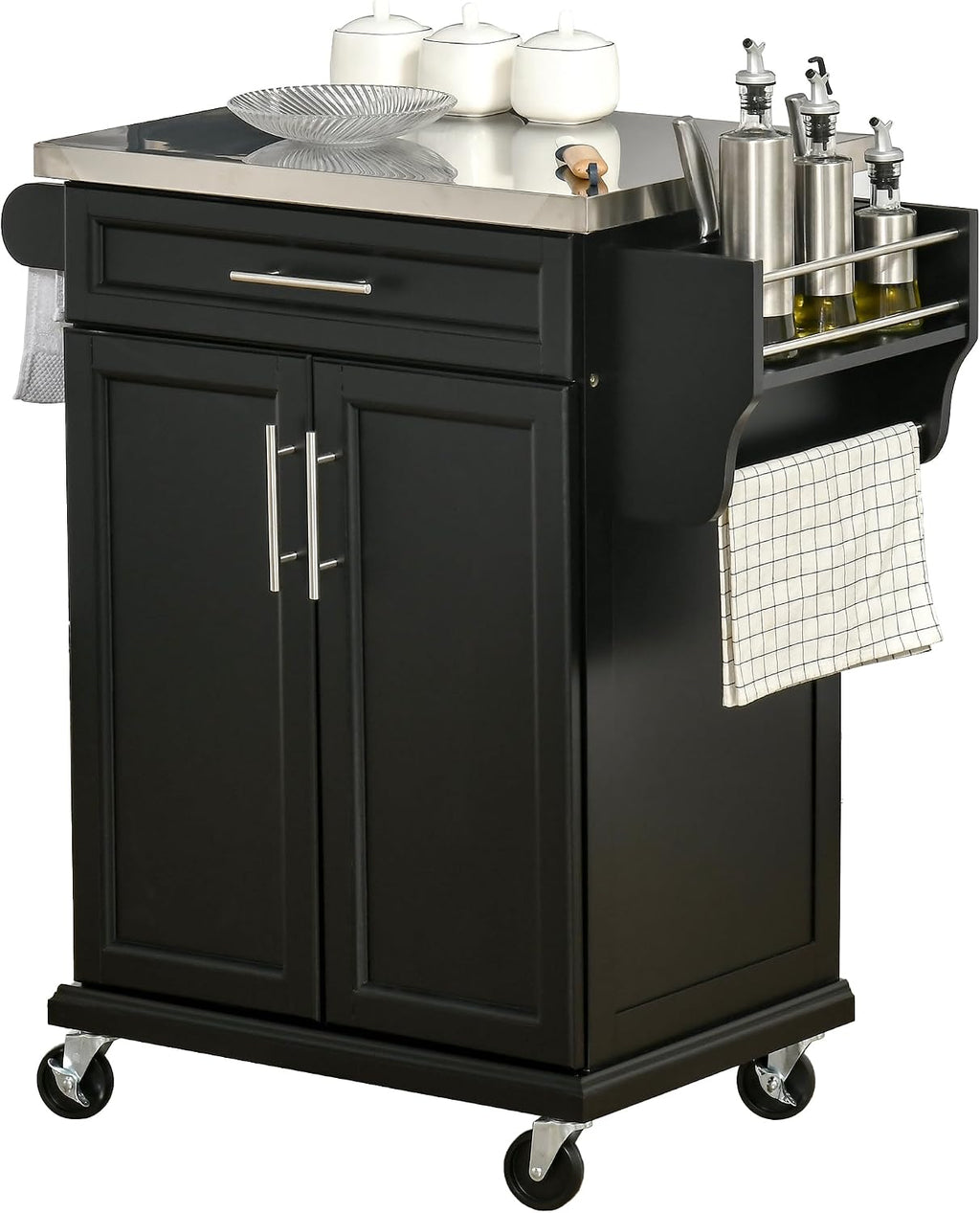 HOMCOM Kitchen Island on Wheels with Stainless Steel Countertop Black