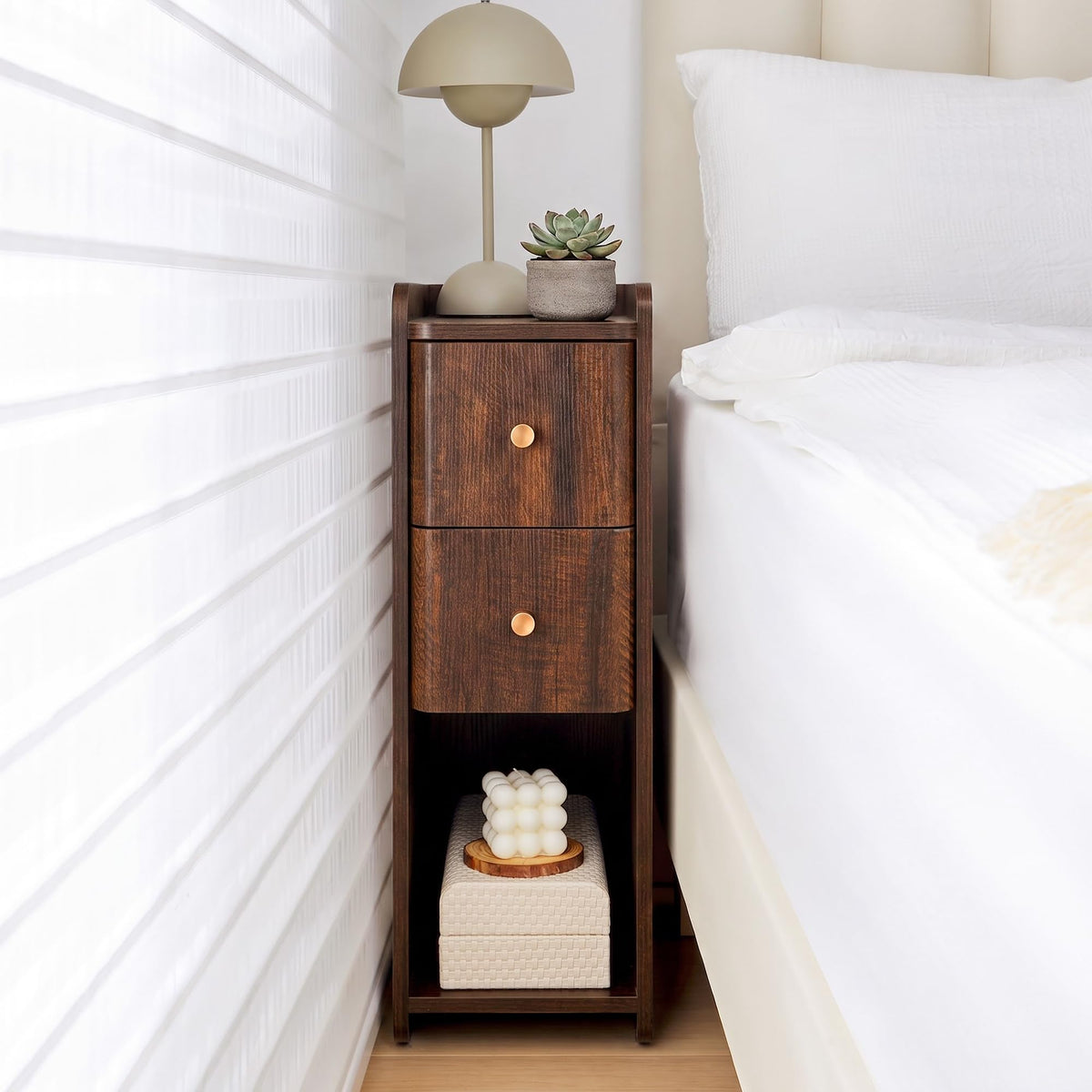 Narrow Nightstand Set of 2, Wooden Small 2 Drawer Nightstand, Slim Side End Table, Skinny Bedside Table, Mid Century Modern Night Stand with Drawers for Bedroom (Walnut-2 pcs)