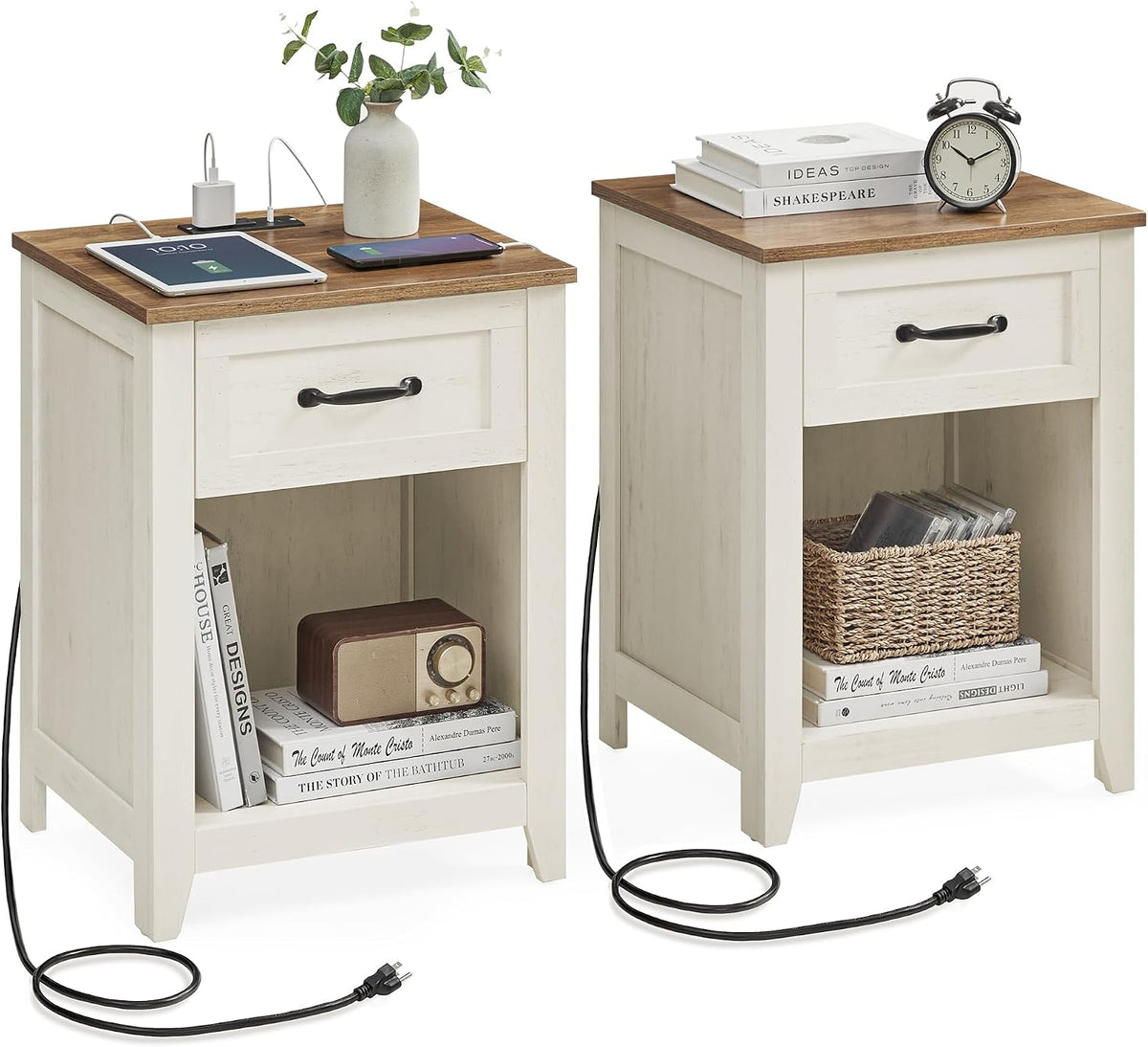VASAGLE Farmhouse Nightstands with Charging Station, 1 Drawer, Set of 2