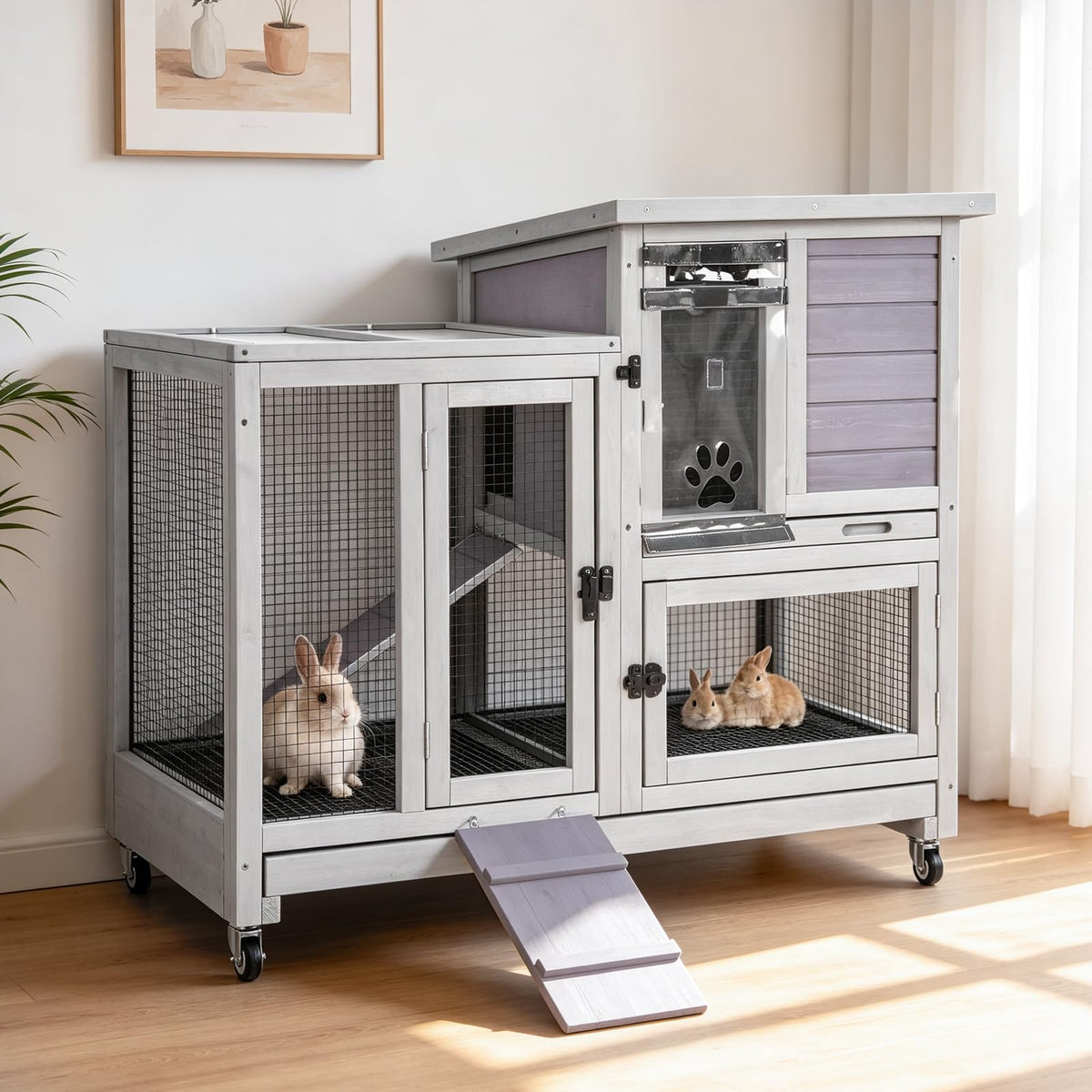 GUTINNEEN Rabbit Hutch Indoor Outdoor Bunny Cage Upgrade Large Space for Rabbit,Guinea Pig,Bunny and Other Small Animals,On Wheels Move Easily.