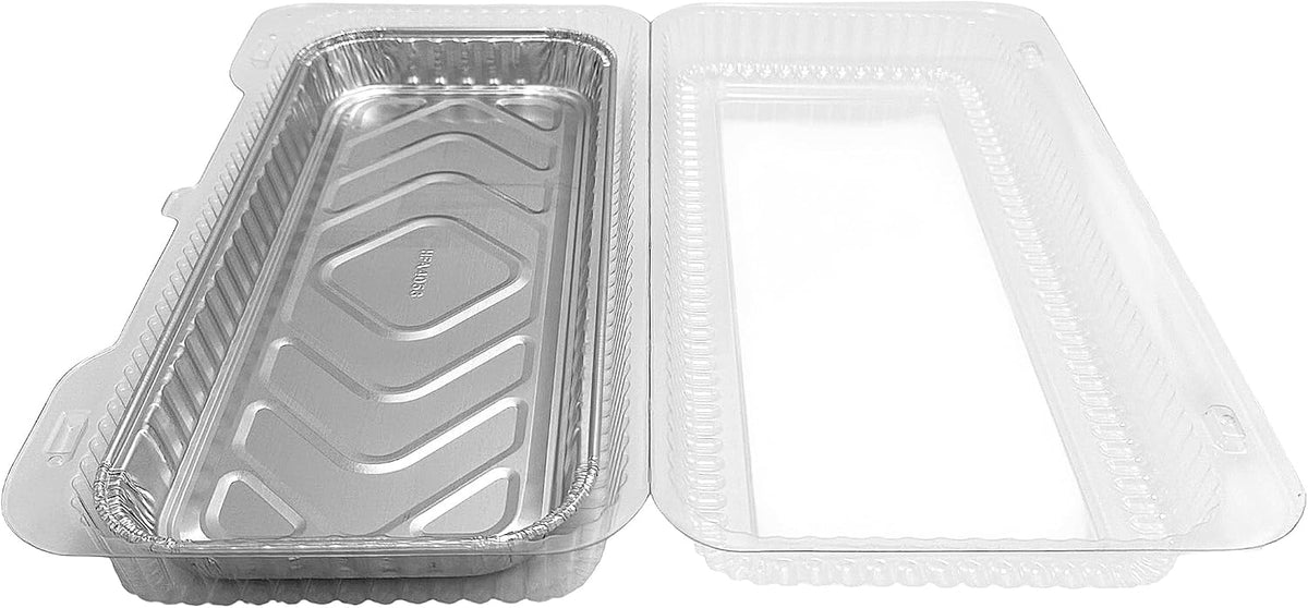 PACTOGO 12" x 5" x 1" Disposable Aluminum Foil Oblong Danish Cake Pans with Clear Hinged Lid Container - Ideal Baking Tins for Sweets, Cakes, Cookies, Brownies (Pack of 50)