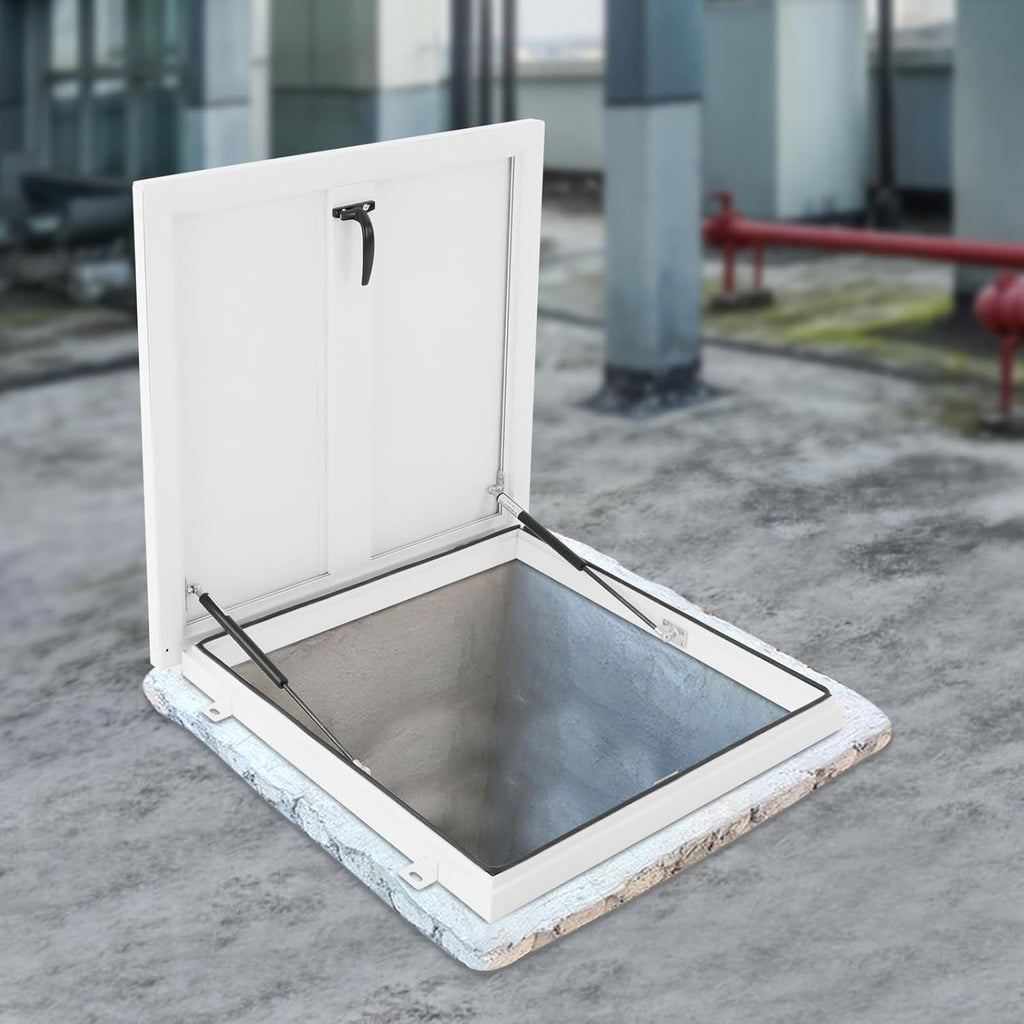Roof Hatch 27.95" L X 27.95" W Roof Security Door Aluminum Alloy Attic Door, White Deck Installation Roof Window for Home Warehouses Hotels