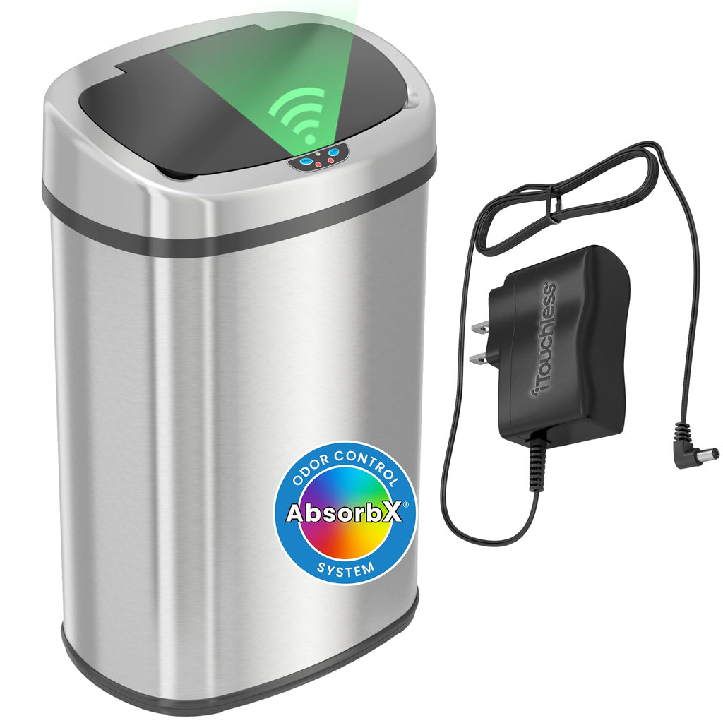 iTouchless Patented 13 G Stainless Steel Sensor Trash Can | AbsorbX Filter