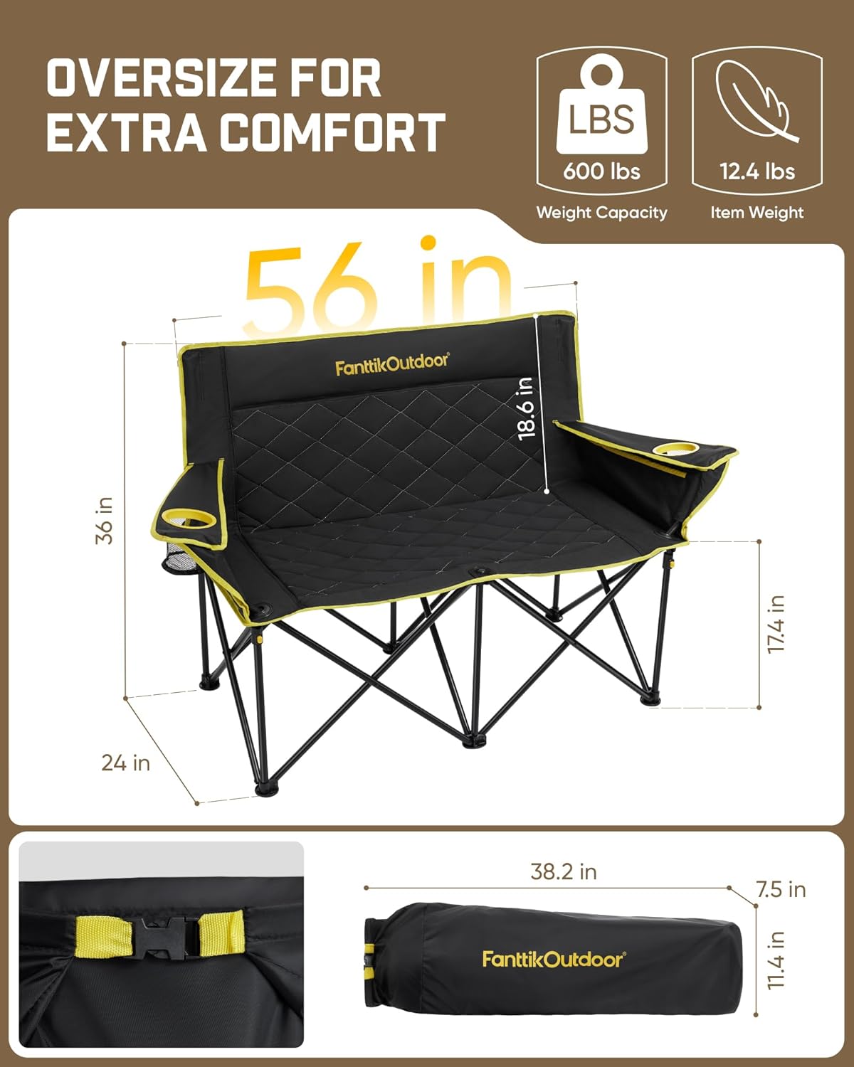 FanttikOutdoor Zeta L11 Duo Pro Double Camping Chair, 2 Person Portable Folding Couch, Up to 600 lbs, High Strength Loveseat with Cup Holder & Carry Bag for Travel, Patio, Games, BBQ, Backyard, Black