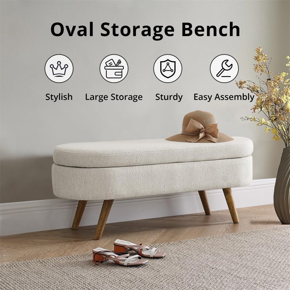 43.5" Ottoman with Storage, Storage Ottoman Bench with Safety Hinge, Bed End Bench, Upholstered Entryway Bench for Bedroom, Living Room & Window, Holds up to 330 lb, Beige