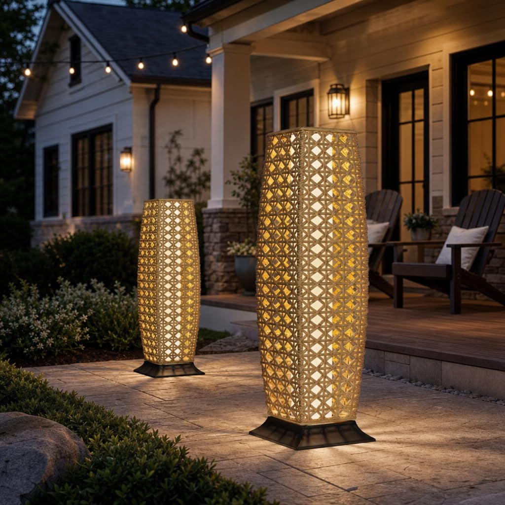 Grand patio 2-Piece Outdoor Floor Lamp Solar Powered Lantern Waterproof Wicker Boho Deck Lights for Garden Porch Decor, Large Crossover