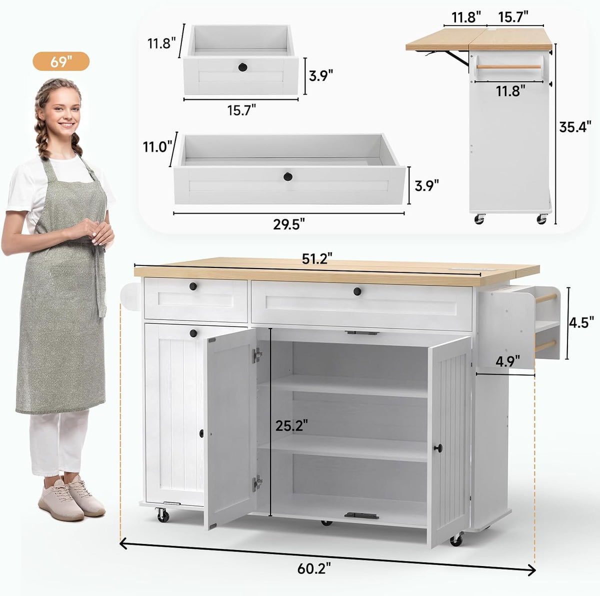 ONBRILL 60" Kitchen Island with Trash Can Storage, Rolling Island Table