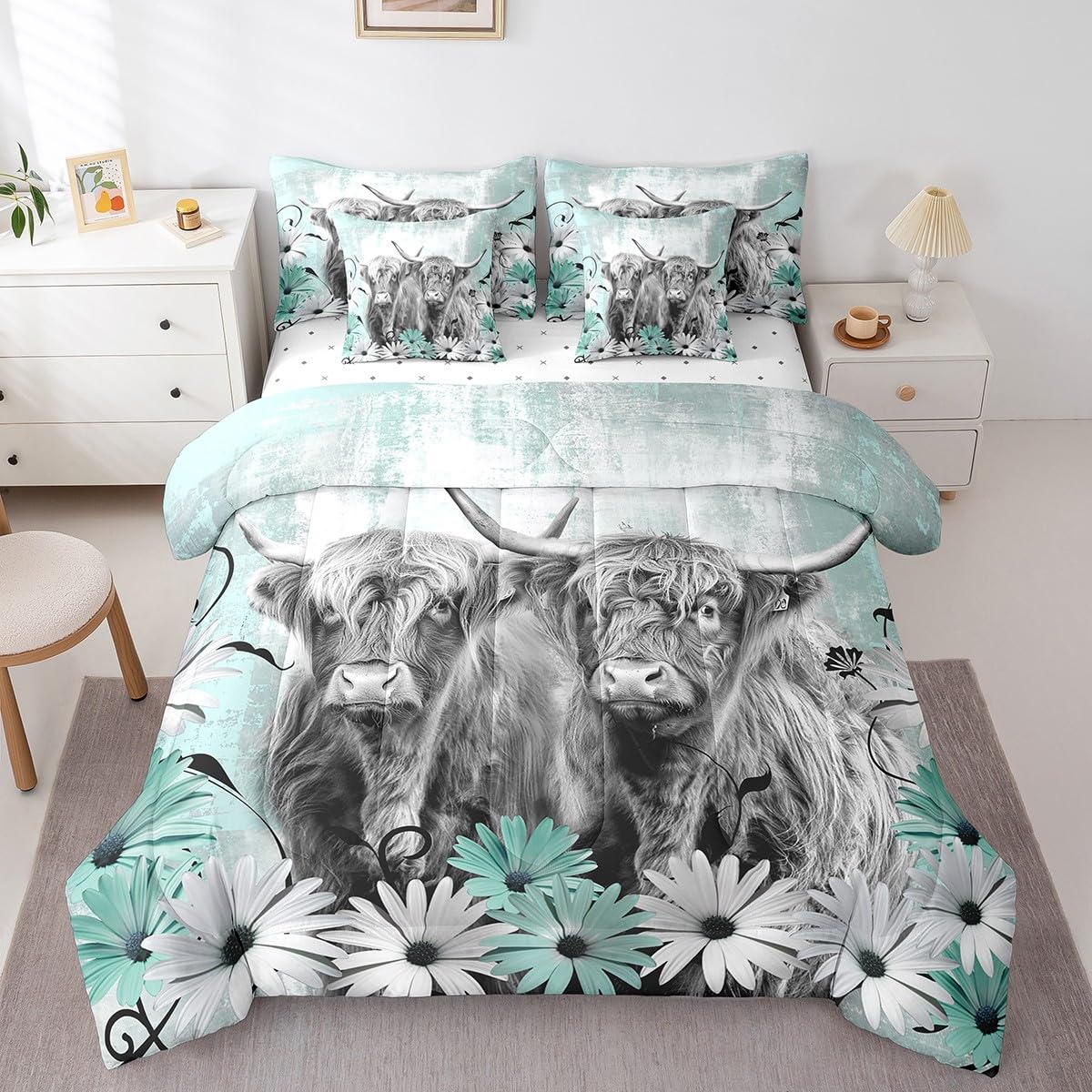 Erosebridal Brown Cow Print King Comforter Set 7 Piece, Simulated Black Cowhide Western Farmhouse Bedding Sets with Sheets, Rustic Highland Cow Skin Bed in a Bag with Fitted Flat Sheet, Pillowcases