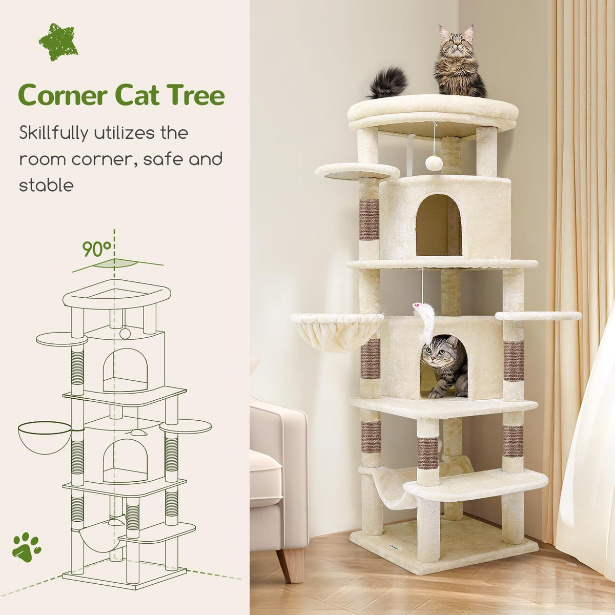 Globlazer 66inch Corner Cat Tree Tower for Indoor Large Cats, C66, Beige