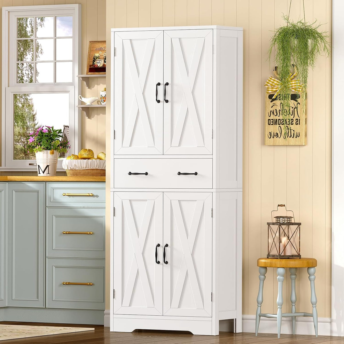 TEENFON Storage Cabinet, Pantry Cabinet with 2 Adjustable Shelves & Large Drawer, Kitchen Pantry Cabinet with 4 Doors, Bathroom Storage Cabinets, for Living Room, White