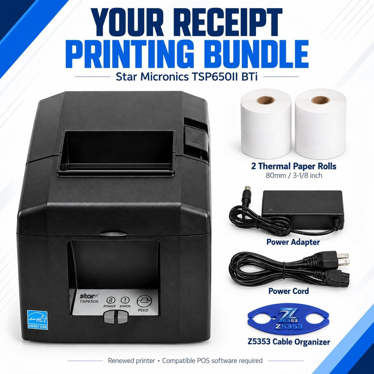 Z5353 Bundle with Star Micronics TSP650II BTi Bluetooth Receipt Printer, 80mm Direct Thermal, Auto Cutter, 2 Paper Rolls and Power Supply (Renewed)